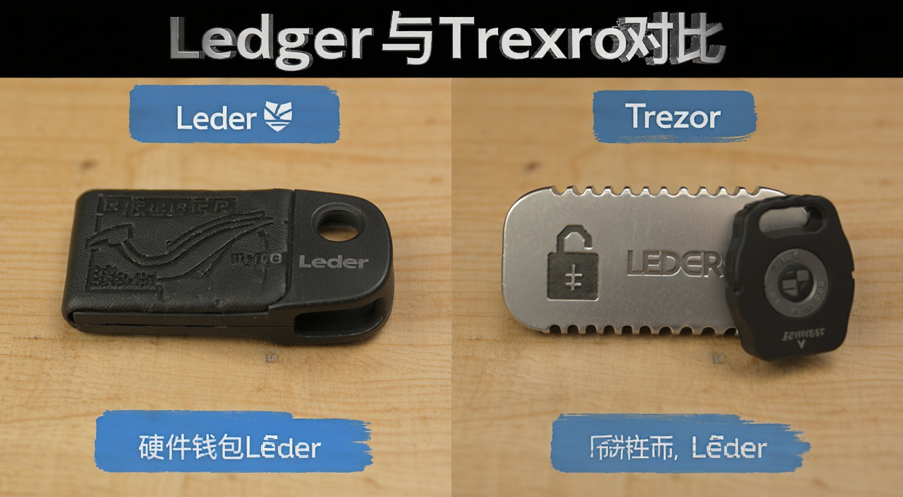 硬件钱包Ledger与Trezor并排对比图,突出Ledger与Trezor对比分析功能安全币种价格核心主题,标注“Ledger与Trezor对比”字样