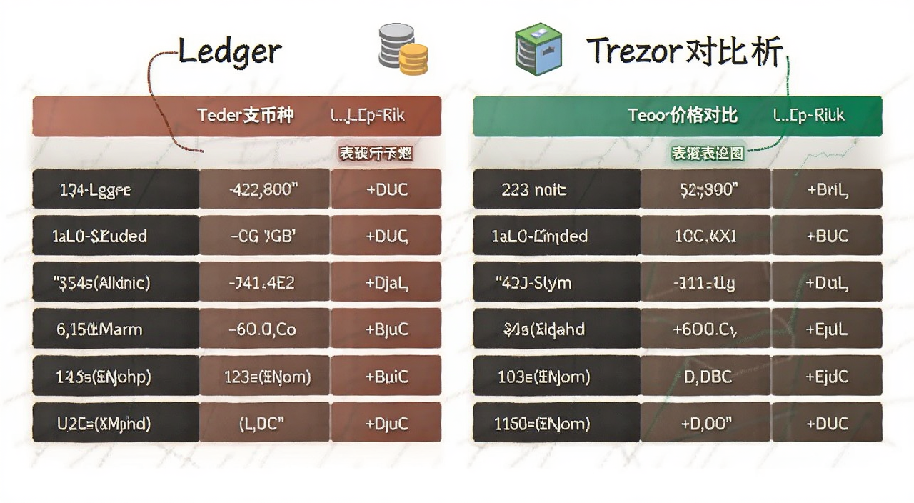 Ledger与Trezor对比分析功能安全性支持币种价格对比表格示意图,标注Ledger与Trezor对比分析关键词