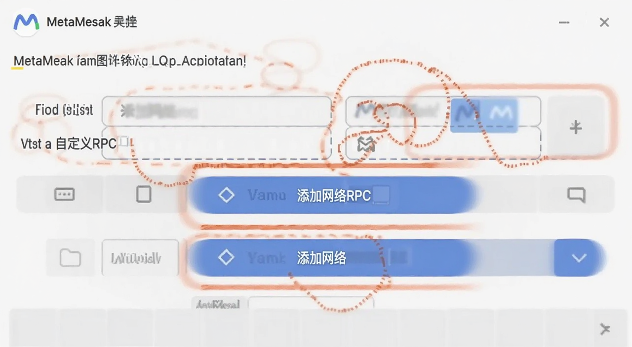 MetaMask钱包添加自定义网络操作界面截图,图中文字标注“添加网络”“自定义RPC”等按钮位置