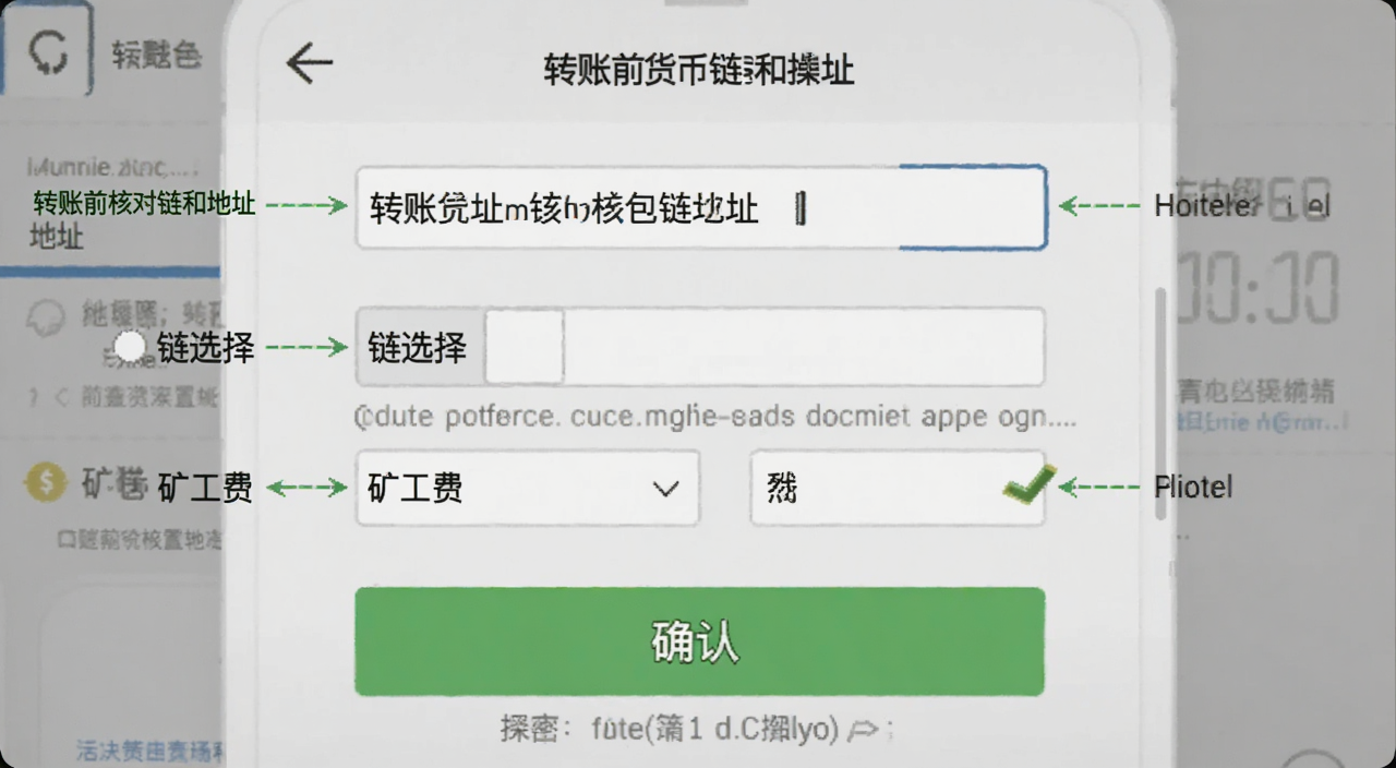 加密货币钱包转账操作界面示意图,图中标注地址栏、链选择、矿工费设置和确认按钮,文字注明“转账前核对链和地址”