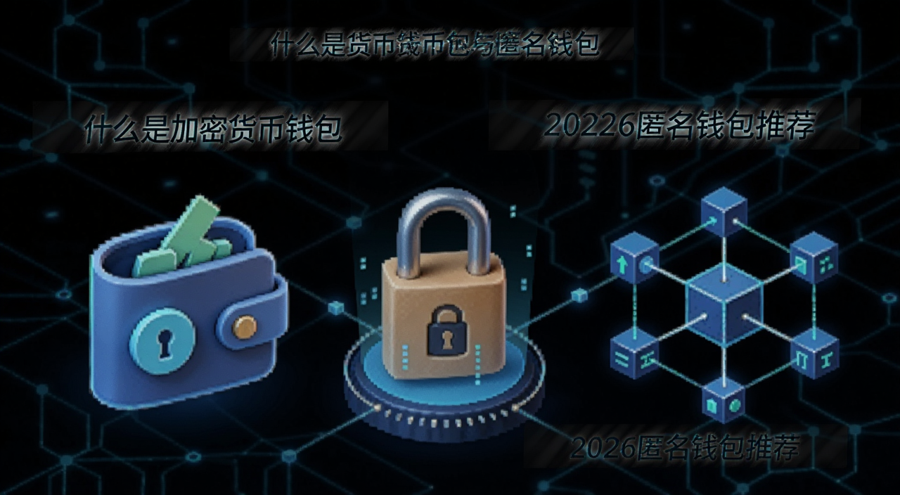 加密货币钱包与匿名钱包概念示意图,画面包含数字钱包图标、加密锁、区块链节点等元素,标注“什么是加密货币钱包”“2026匿名钱包推荐”文字