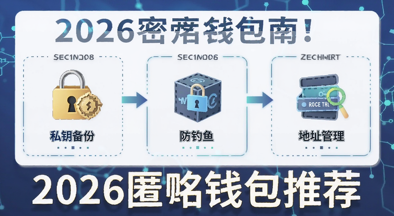 加密货币匿名钱包安全使用指南信息图,包含私钥备份、防钓鱼、地址管理等要点,标注“2026匿名钱包推荐”字样