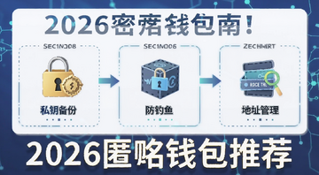 加密货币匿名钱包安全使用指南信息图,包含私钥备份、防钓鱼、地址管理等要点,标注“2026匿名钱包推荐”字样