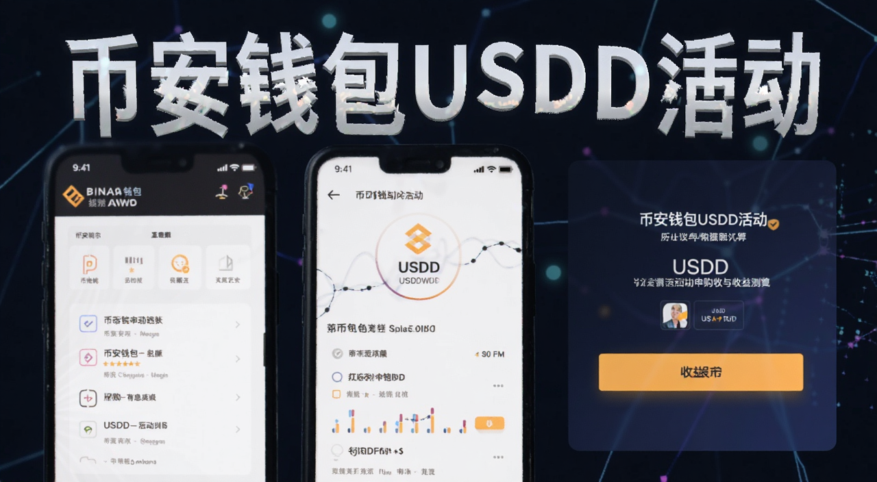 币安钱包USDD活动申购教程与收益测算展示图,图中包含币安钱包界面和USDD活动入口,标注文字“币安钱包USDD活动”