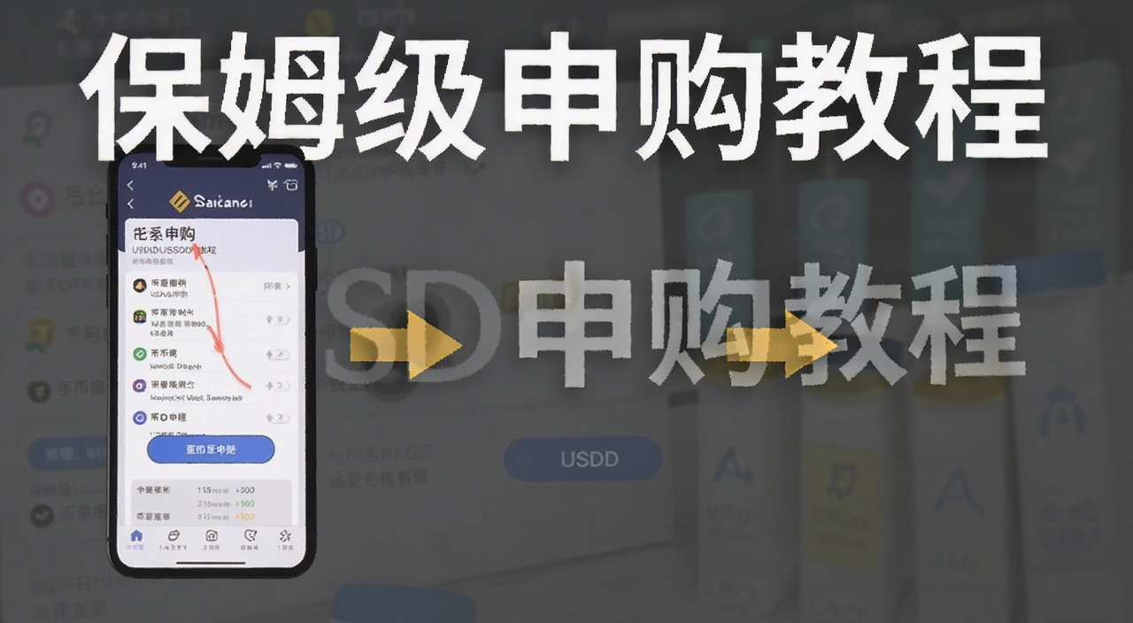 币安钱包USDD申购步骤流程图,图中包含手机界面和操作箭头,标注文字“保姆级申购教程”