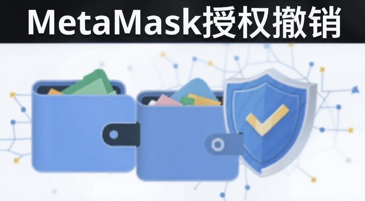 MetaMask代币授权撤销教程封面图,画面包含“MetaMask授权撤销”文字和钱包图标、盾牌安全元素