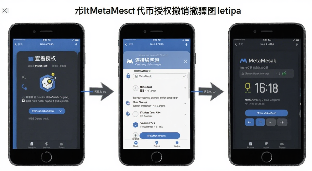MetaMask代币授权撤销方法步骤图解,包含连接钱包、查看授权、撤销交易三个画面