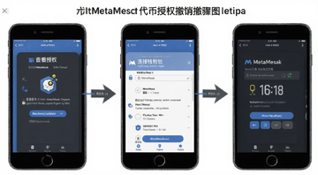 MetaMask代币授权撤销方法步骤图解,包含连接钱包、查看授权、撤销交易三个画面