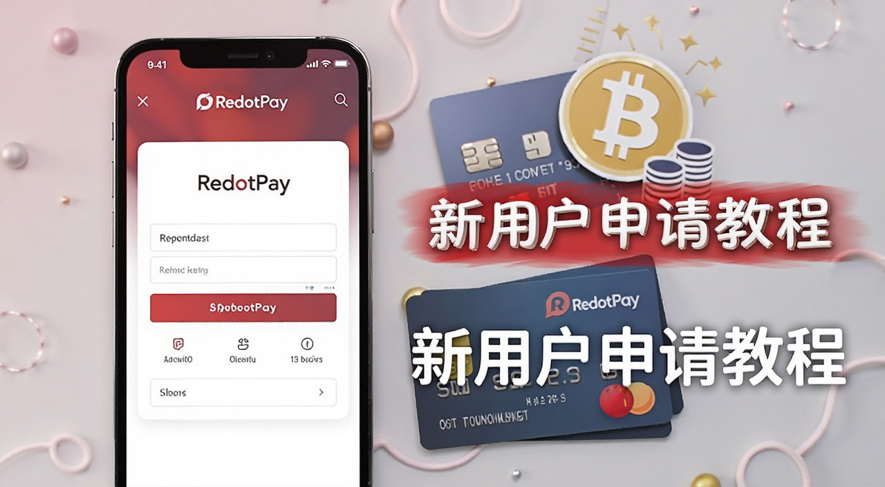 RedotPay加密货币卡申请教程封面图,手机屏幕显示RedotPay注册页面,旁边放着银行卡和加密货币图标,文字标注“新用户申请教程”