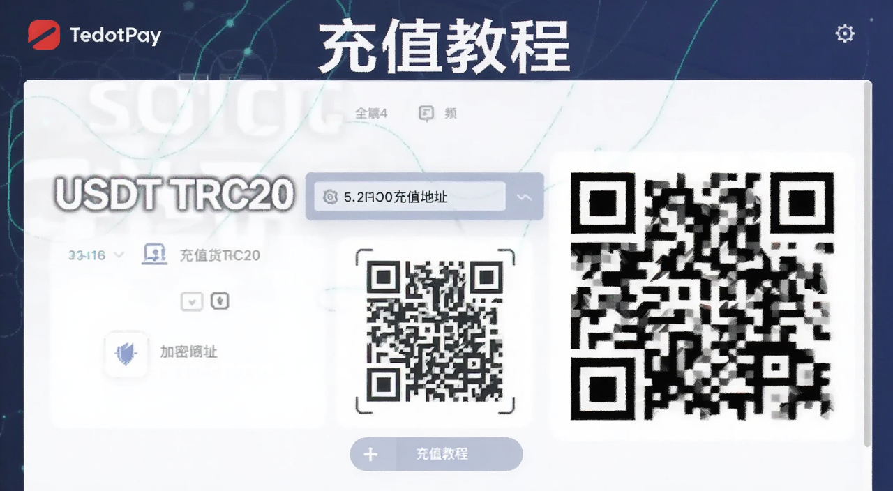 RedotPay充值加密货币操作界面示意图,显示USDT TRC20充值地址和二维码,文字标注“充值教程”