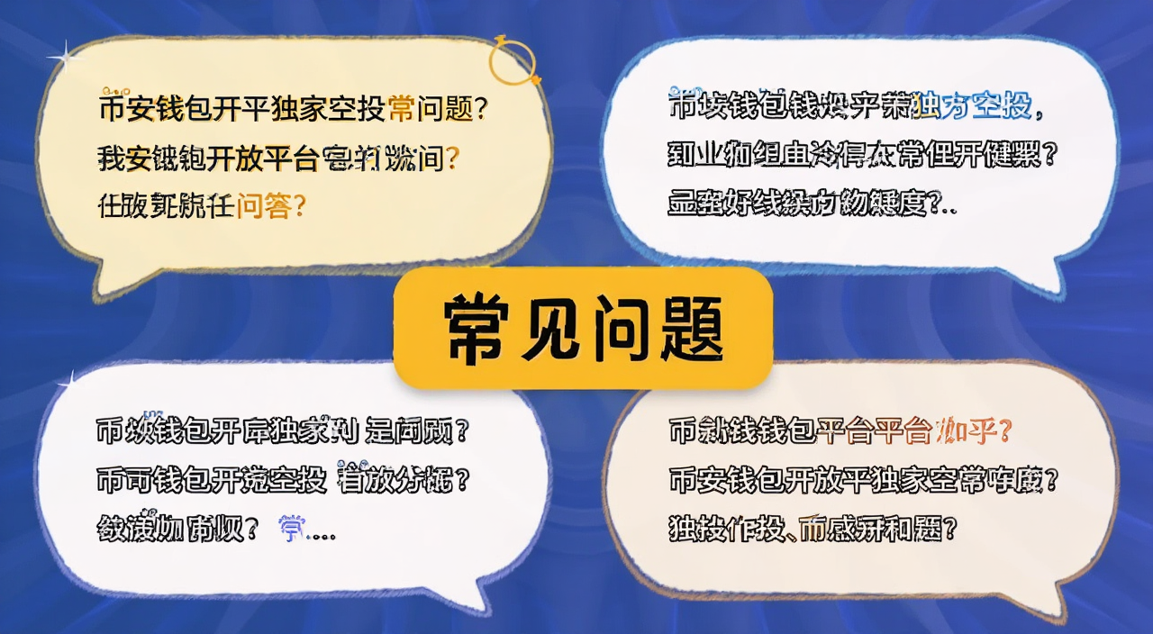 币安钱包开放平台独家空投常见问题解答示意图,画面用问答气泡形式展示几个典型问题,关键词包含币安钱包开放平台独家空投常见问题,文字用“常见问题”标注