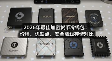2026年最佳加密货币冷钱包桌面排列实拍图,展示Ledger、Trezor、Keystone等硬件钱包外观对比,图片中央标注“2026年最佳加密货币冷钱包:价格、优缺点、安全离线存储对比”