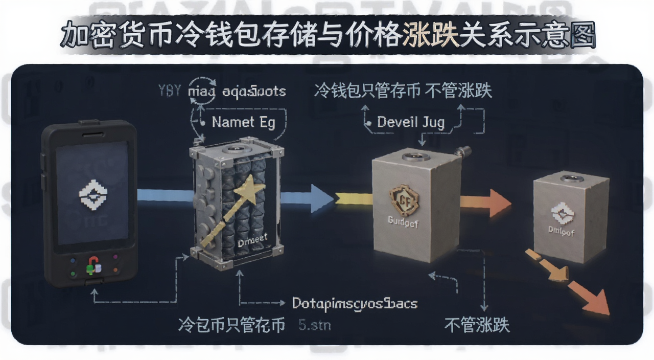 加密货币冷钱包存储与价格涨跌关系示意图,图中文字注明冷钱包只管存币不管涨跌