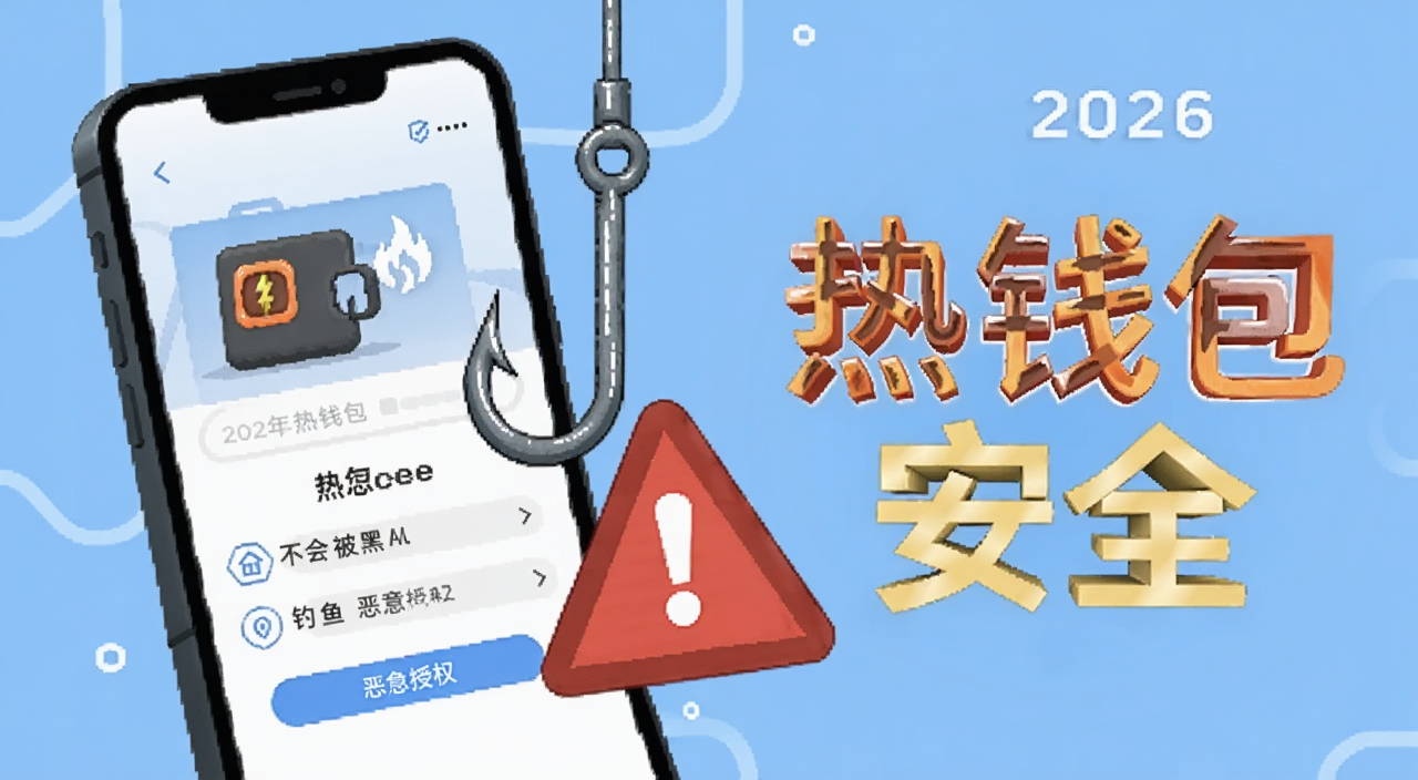 2026年热钱包安全吗?会不会被黑、钓鱼、恶意授权?手机屏幕上显示热钱包界面旁边有钓鱼钩和警告标志的插画,图上文字用“热钱包安全”标注