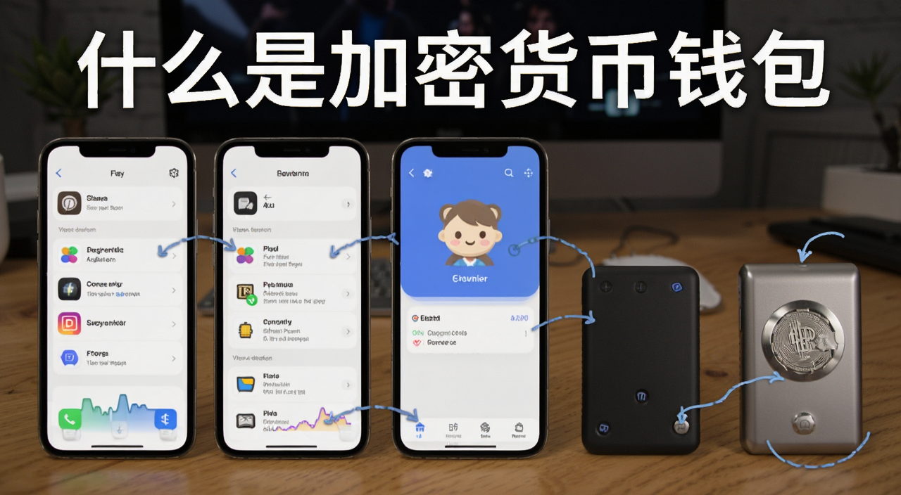 加密货币钱包完整指南与选择建议,画面中展示多个钱包APP界面和硬件钱包设备,标注