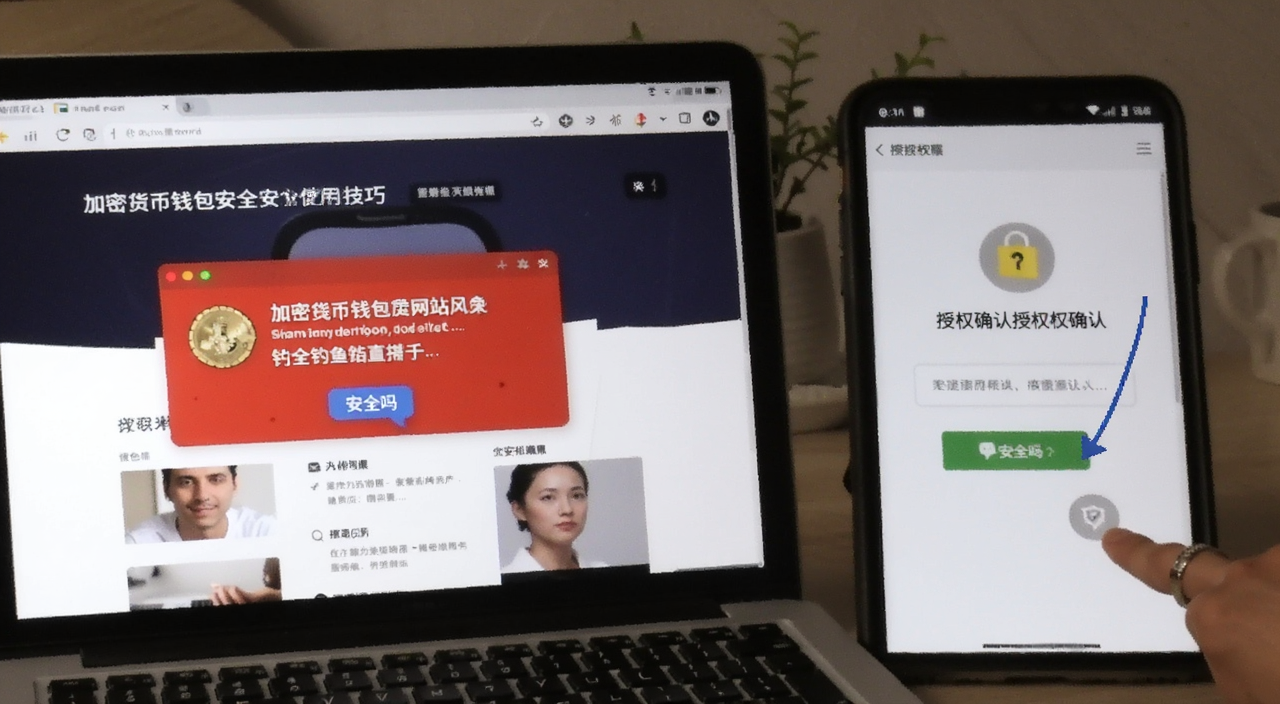 加密货币钱包安全使用技巧,画面展示钓鱼网站风险提示和授权确认界面,标注