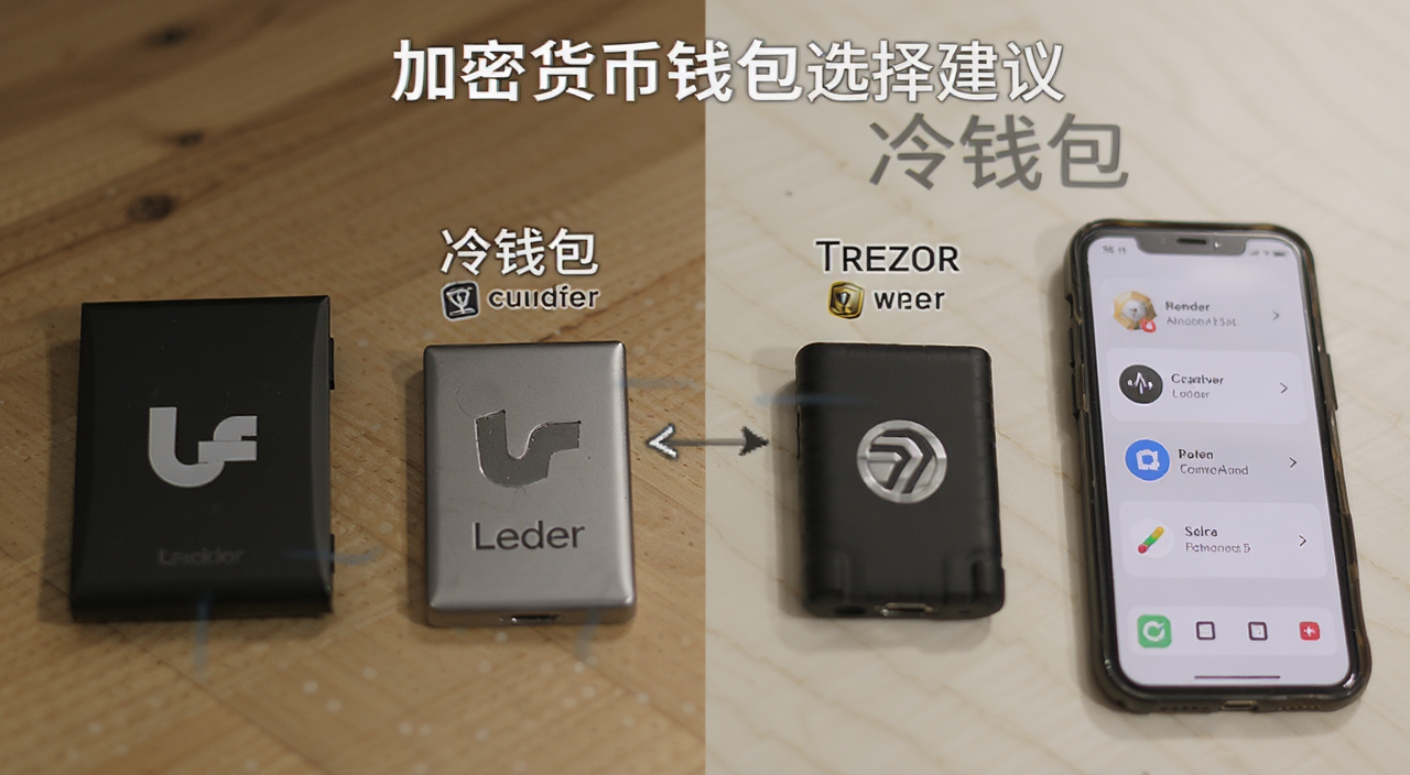 加密货币钱包选择建议,画面中展示Ledger和Trezor硬件钱包与手机热钱包对比,标注