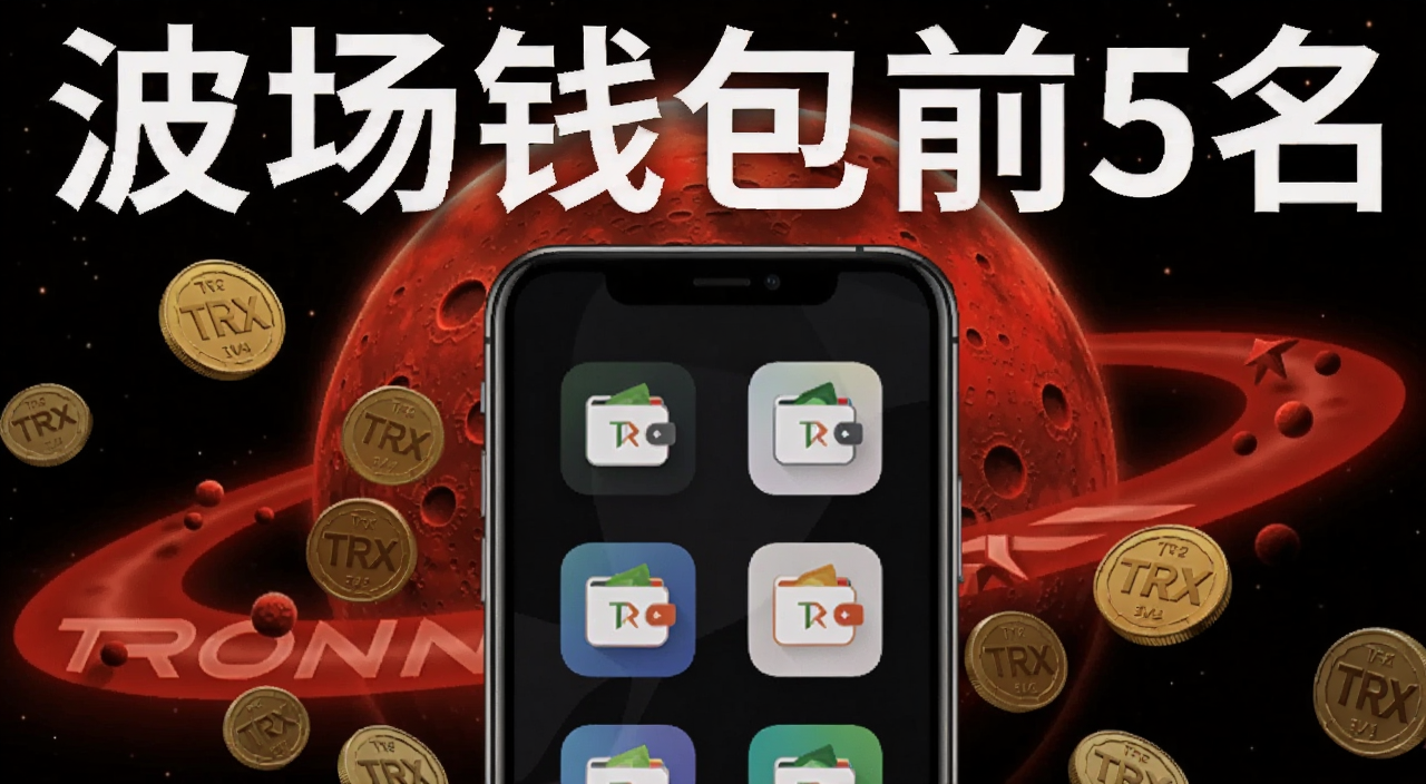 波场TRX钱包推荐封面图,画面中央展示手机屏幕上多个钱包App图标排列,背景是波场TRON标志性的红色星球元素,周围散落TRX代币图标,顶部文字标注“波场钱包前5名”