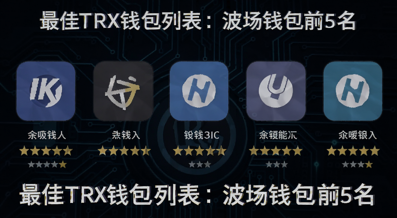 波场钱包排行榜对比图,展示五款钱包的图标和评分星级,背景为深色科技风格,标注“最佳TRX钱包列表:波场钱包前5名”文字