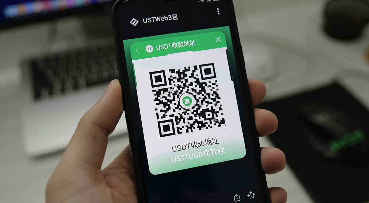 币安Web3钱包接收USDT教程 手机屏幕显示钱包收款地址二维码 文字标注“USDT收款地址”