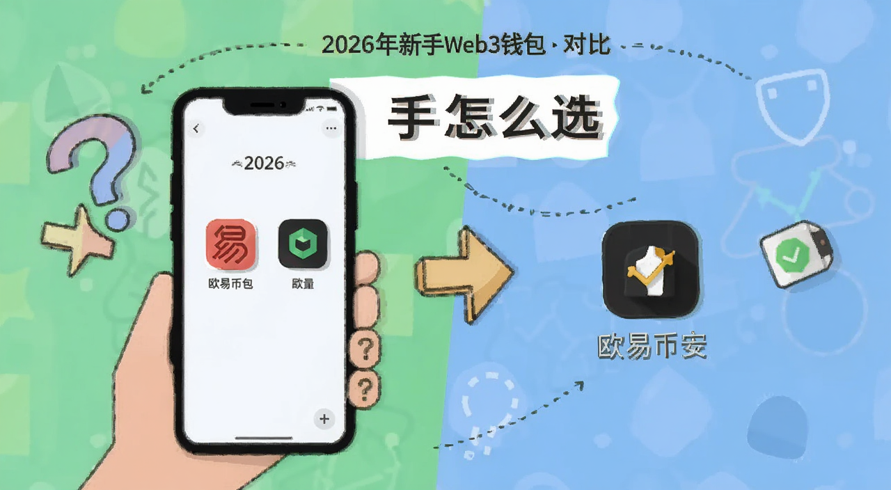 2026年新手Web3钱包欧易币安对比选择场景,手机屏幕上显示两个钱包应用图标,旁边有问号和对比符号,扁平插画风格,文字标注