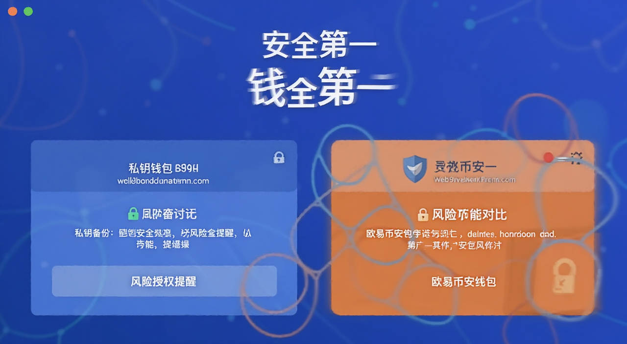 Web3钱包安全设置界面,私钥备份和风险授权提醒,欧易币安钱包安全功能对比,扁平科技风格,文字标注