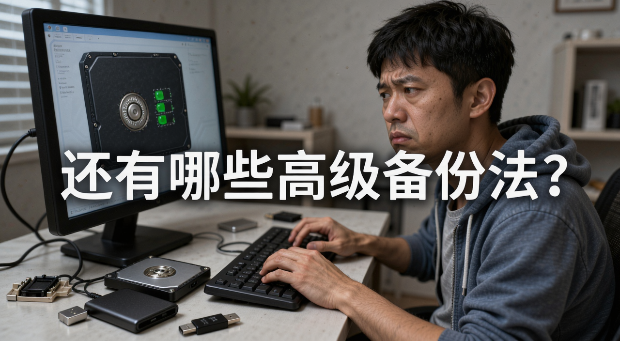 一个普通用户在电脑前看着崩溃的硬盘表情无奈,旁边散落着U盘和移动硬盘,画面中央写着“还有哪些高级备份法?”,关键词:高级备份法