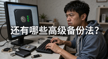 一个普通用户在电脑前看着崩溃的硬盘表情无奈,旁边散落着U盘和移动硬盘,画面中央写着“还有哪些高级备份法?”,关键词:高级备份法