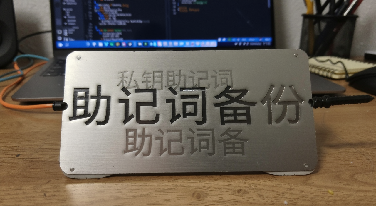 私钥助记词安全备份教程不用纸 数字货币钱包助记词金属板备份实拍图 文字注明“助记词备份”