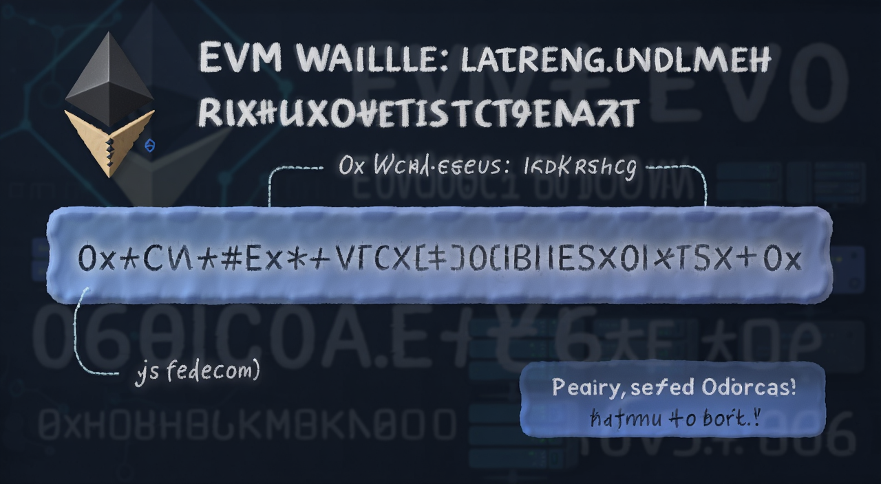 一张展示EVM钱包地址格式的示意图,画面中有以太坊标志和0x开头的钱包地址,旁边标注什么是EVM钱包等关键词