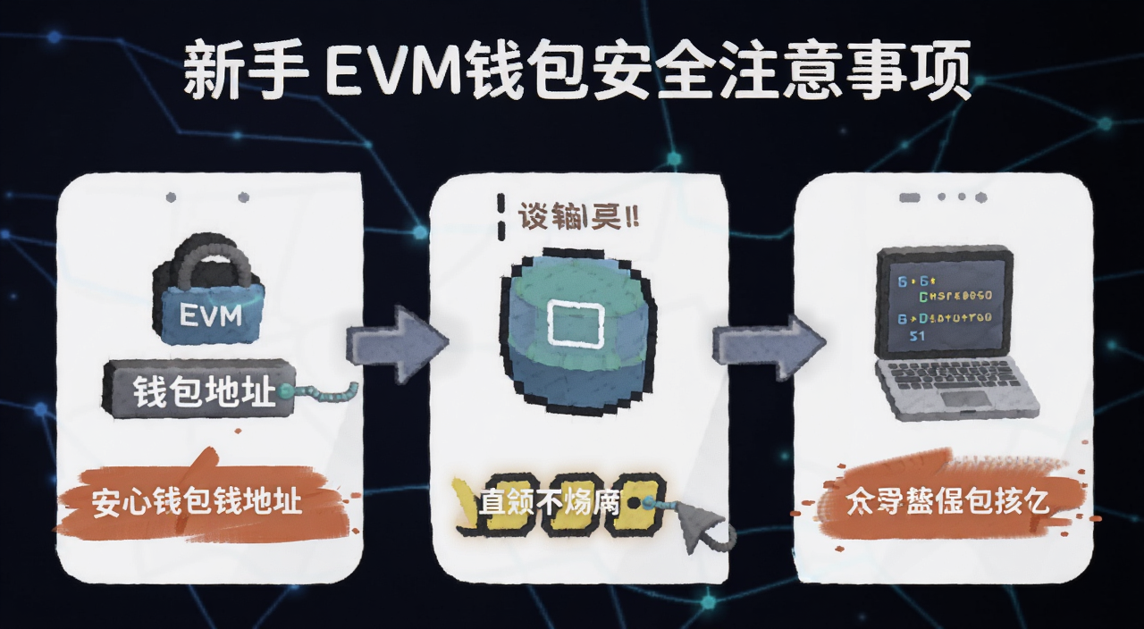 新手使用EVM钱包安全注意事项的示意图,包含钱包地址是什么等核心关键词