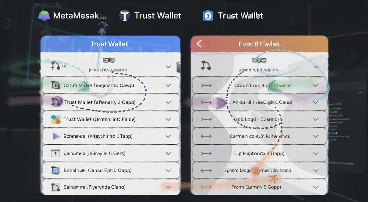 展示MetaMask、Trust Wallet等EVM钱包类型对比的界面截图,标注钱包有哪些类型关键词