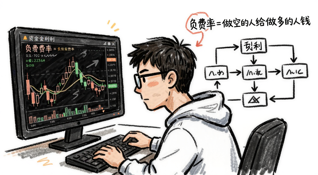 什么是资金费率 负资金费率套利教学 手绘风格 一个交易员盯着屏幕上的负费率数据 旁边画着套利流程图 文字标注“负费率=做空的人给做多的人钱”