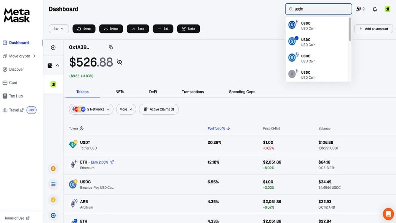 MetaMask切换网络查看USDC余额界面,关键词向MetaMask添加USDC