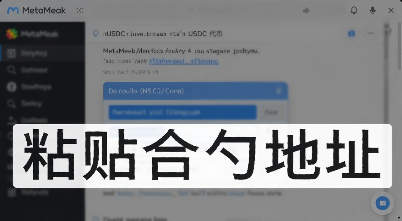 MetaMask导入USDC代币填写合约地址操作截图,文字标注“粘贴合约地址”