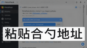 MetaMask导入USDC代币填写合约地址操作截图,文字标注“粘贴合约地址”
