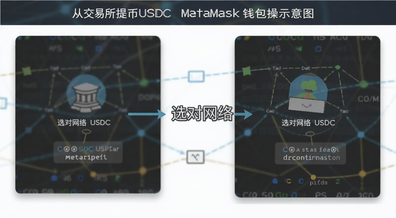 从交易所提币USDC到MetaMask钱包操作示意图,文字标注“选对网络”
