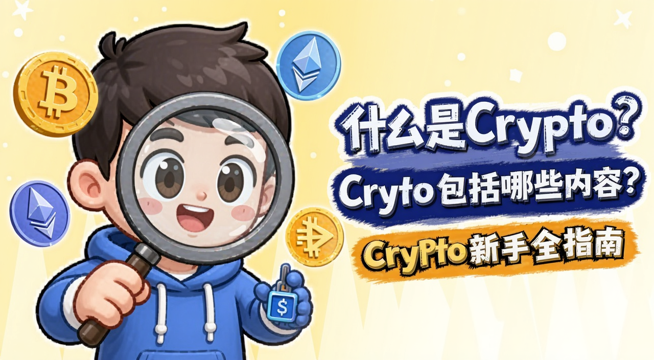 一个卡通风格的区块链新手拿着放大镜看加密货币图标,画面中有比特币以太坊等符号,旁边有文字“什么是Crypto?Crypto包括哪些内容?Crypto新手全指南”