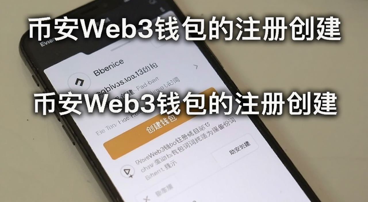 币安Web3钱包注册创建界面截图,手机屏幕上显示创建钱包按钮和助记词备份提示,标注“币安Web3钱包的注册创建”字样