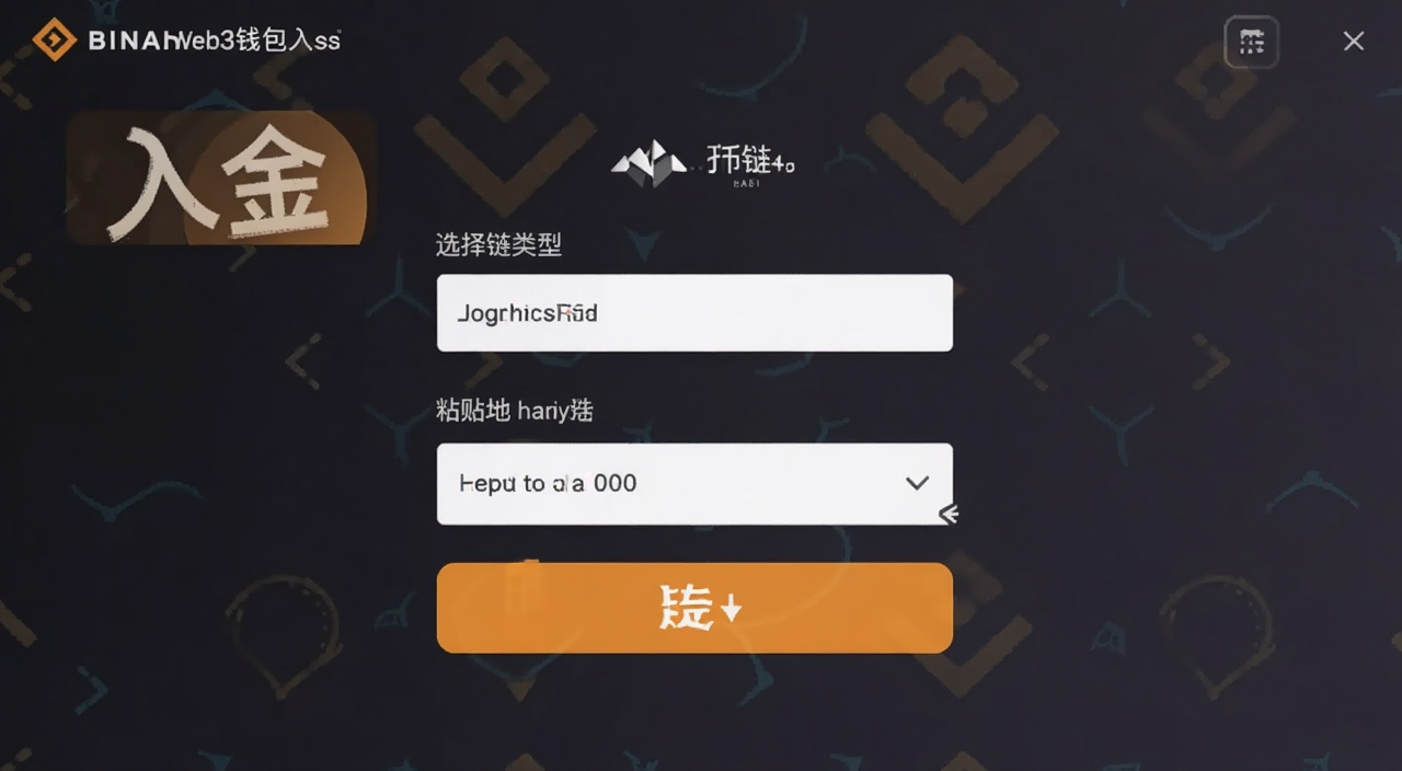 币安Web3钱包入金界面,显示选择链类型和粘贴地址的步骤,标注“入金”关键词