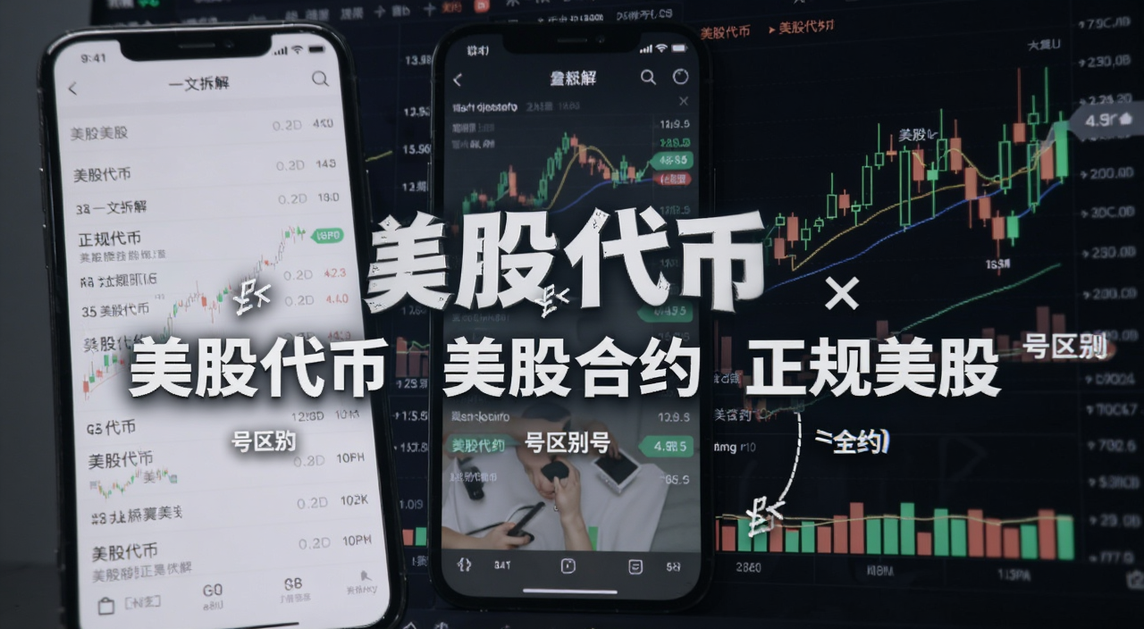在币圈买美股三种产品分不清?一文拆解正规美股、美股代币、美股合约的所有区别,画面中央用大字写着“美股代币 美股合约 正规美股”三栏对比,旁边标注“号区别号”,背景是手机交易界面和K线图