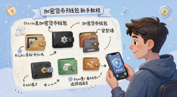 加密货币钱包新手教程类型安全选择指南 插画风格 一个新手面对多个钱包选择 标注什么是加密货币钱包、类型、安全性、选择指南 文字用号来注明