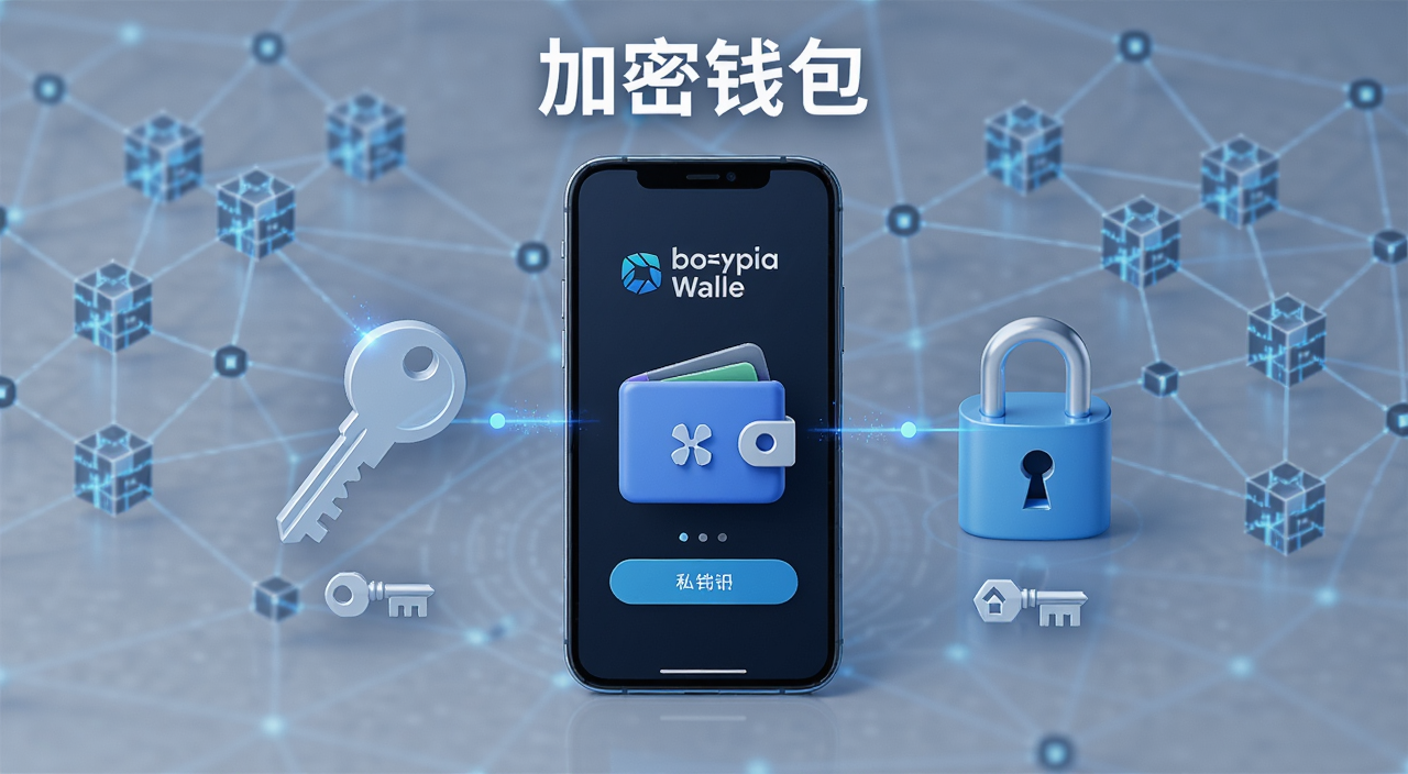 加密钱包工作原理示意图,画面中央一部手机屏幕显示加密钱包界面,旁边有钥匙和锁的图标代表私钥和公钥,背景是区块链网络节点连线,整体风格简洁科技感,标注文字“加密钱包”