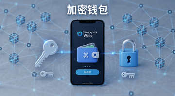 加密钱包工作原理示意图,画面中央一部手机屏幕显示加密钱包界面,旁边有钥匙和锁的图标代表私钥和公钥,背景是区块链网络节点连线,整体风格简洁科技感,标注文字“加密钱包”