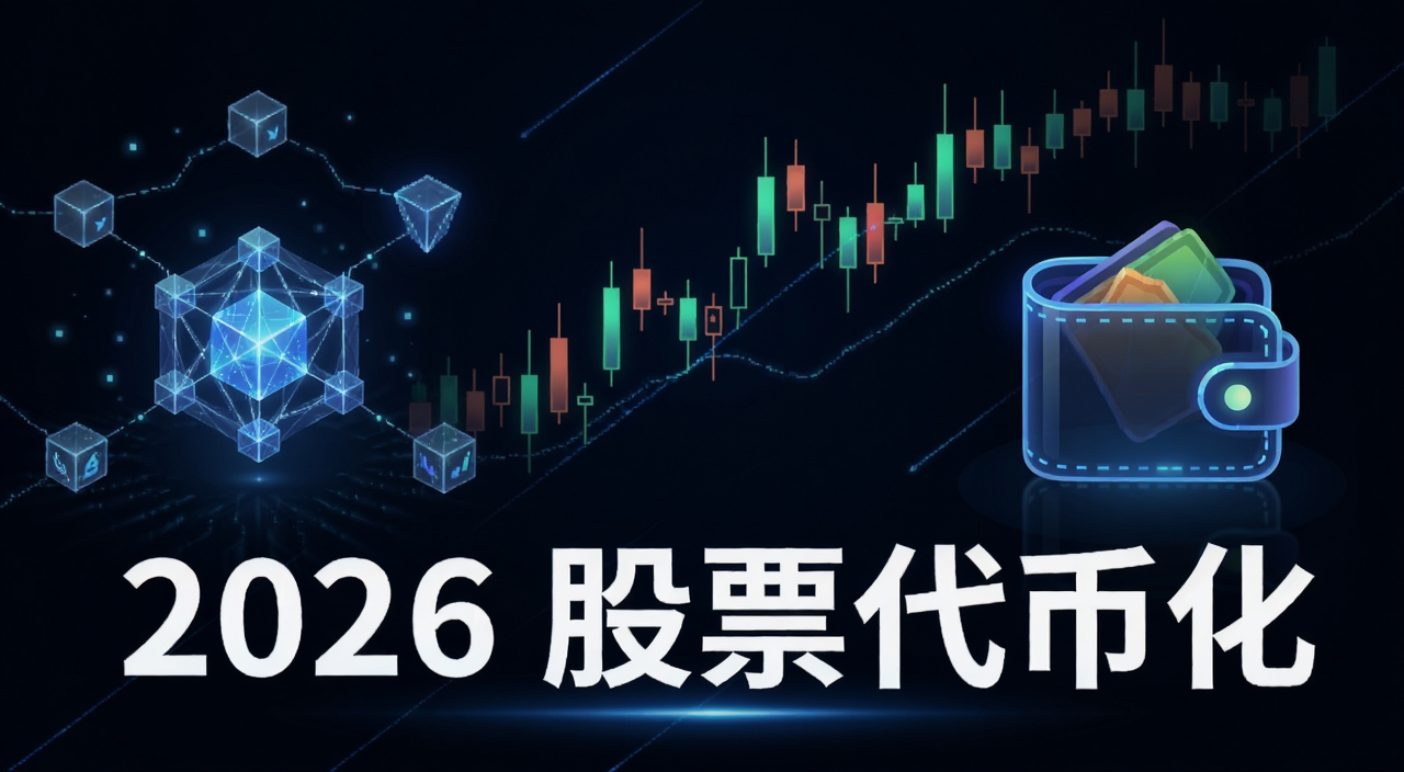 股票代币化未来趋势概念图,画面包含区块链、股票K线、数字钱包元素,文字标注“2026 股票代币化”