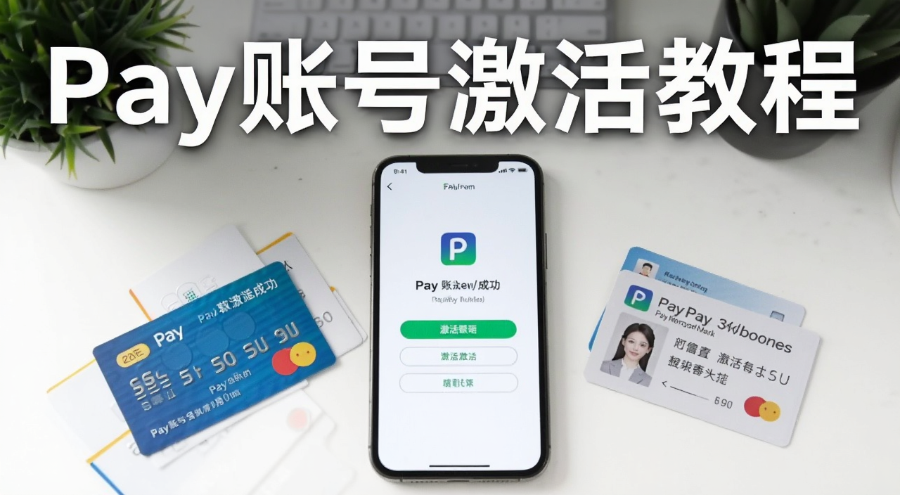 Pay账号激活教程封面图,画面中央显示手机屏幕上的Pay账号激活成功页面,旁边放着一张银行卡和身份证,整体风格简洁明亮,标题文字写“Pay账号激活教程”
