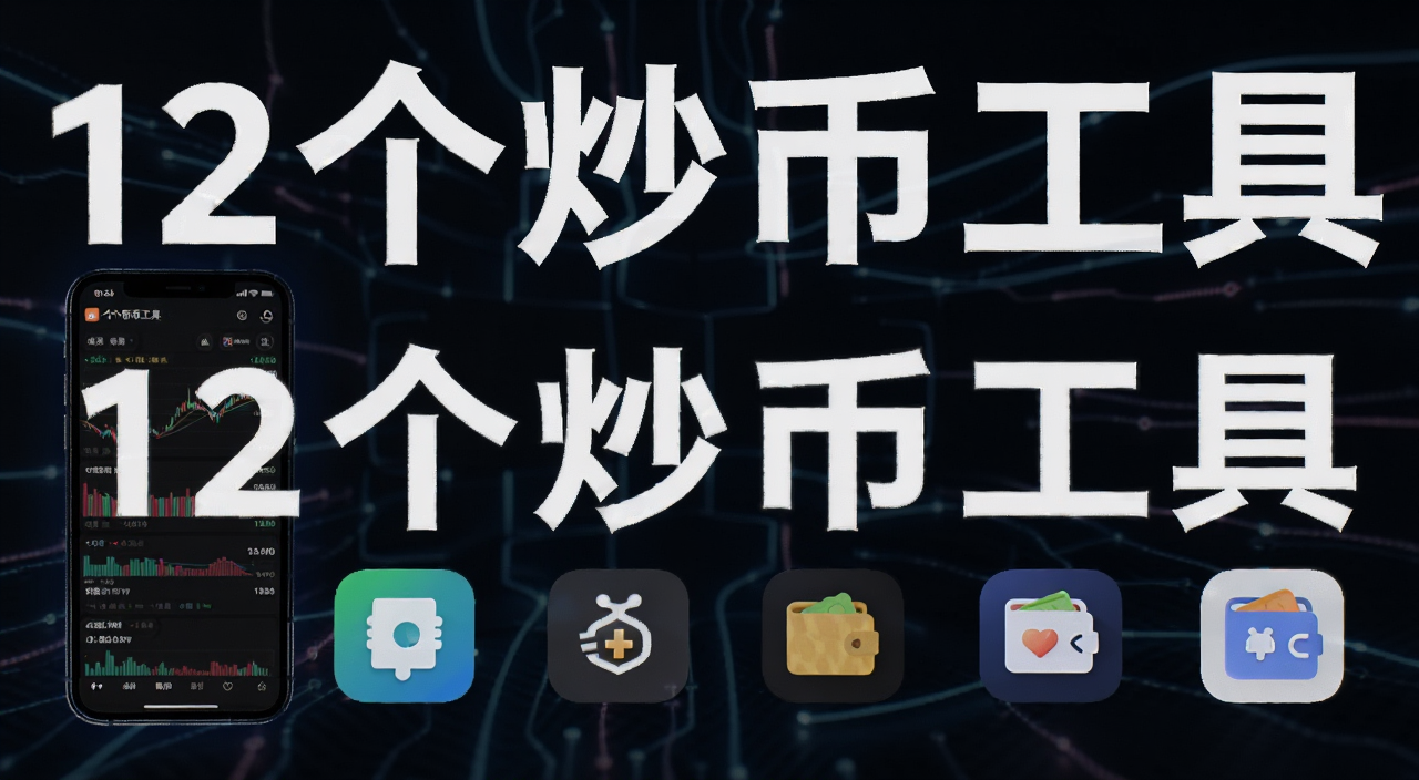 2026年币圈新手入门必备的12个炒币工具清单展示图,包含手机屏幕上显示的行情软件、交易App、钱包图标,画面简洁科技感,文字标注“12个炒币工具”