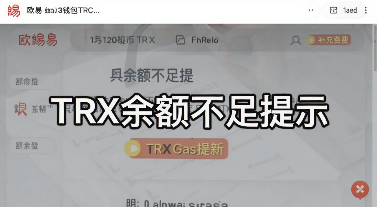 欧易Web3钱包TRC20提币TRX不足补充Gas费教程截图,文字注明“TRX余额不足提示”