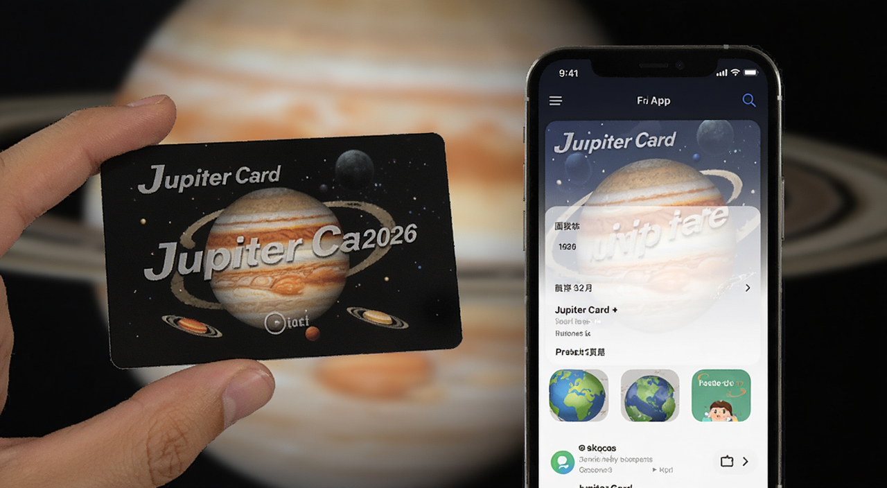 Jupiter Card实体卡与手机App界面展示,卡片上印有Jupiter Card完整教学2026字样