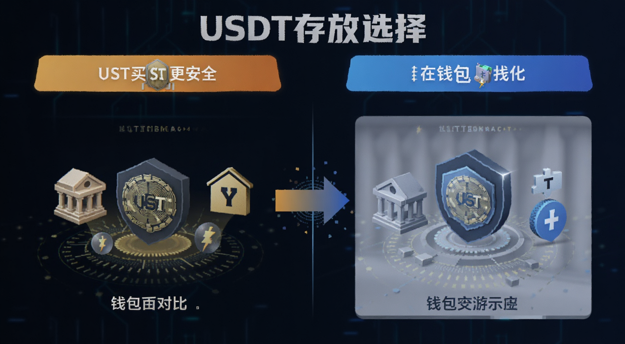 USDT买完放哪里更安全?交易所和钱包区别对比示意图,数字货币存储安全主题,包含文字“USDT存放选择”